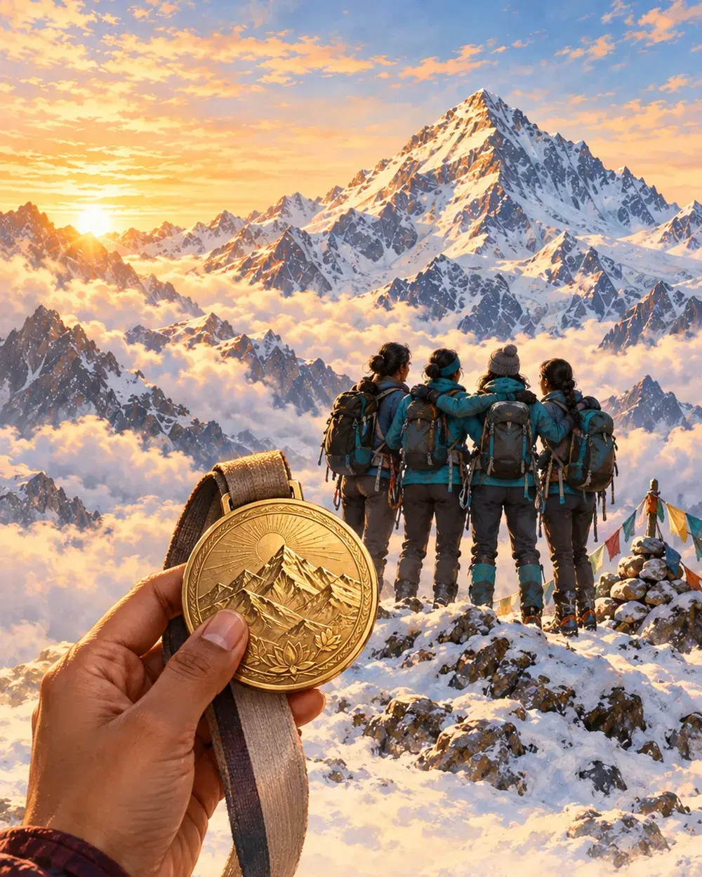 A gold medal held below the shared Summit