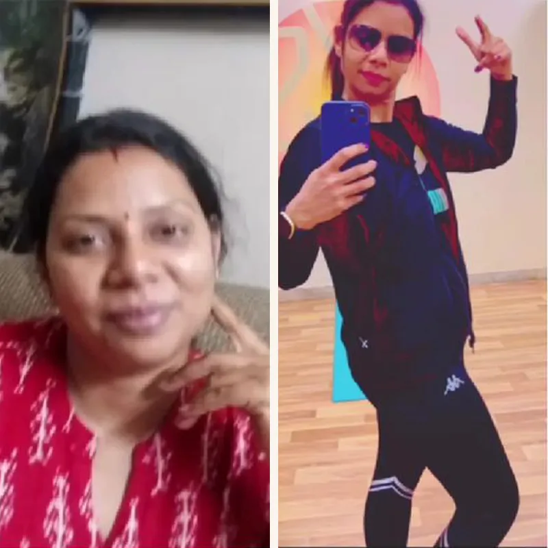 Two photographs of Deepika taken at different points in her fitness journey