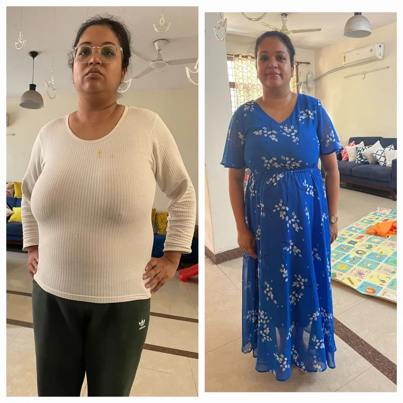 Two photographs of Aditi taken at different points in her fitness journey