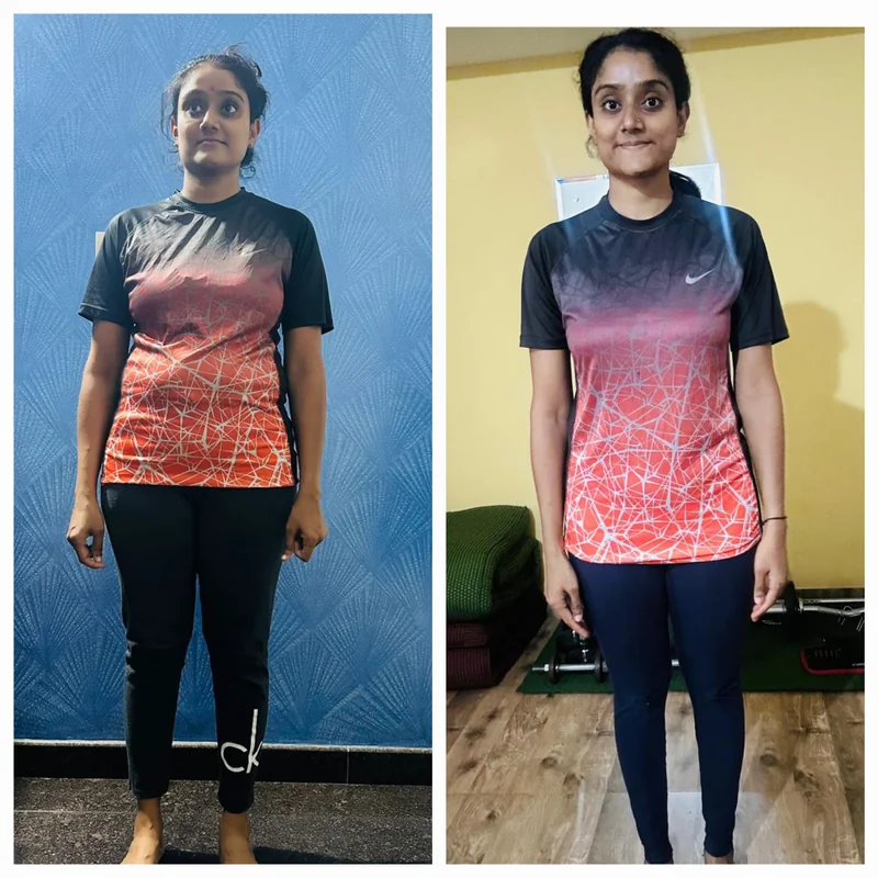 Two photographs of Pavitra taken at different points in her fitness journey