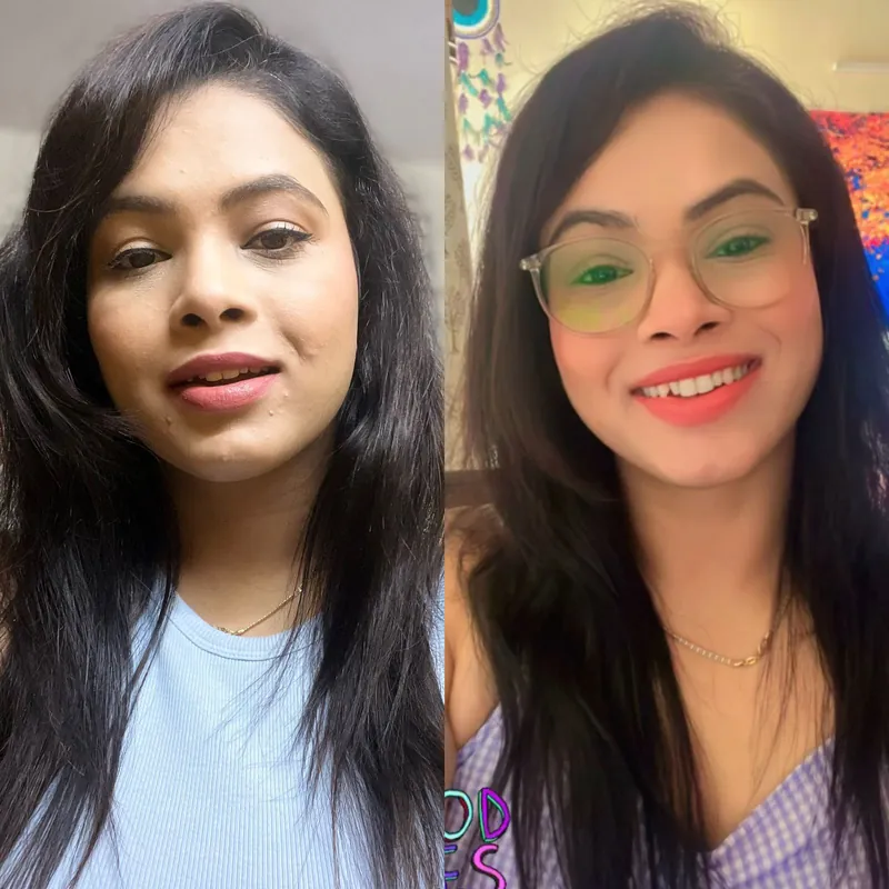 Two photographs of Rithika taken at different points in her fitness journey