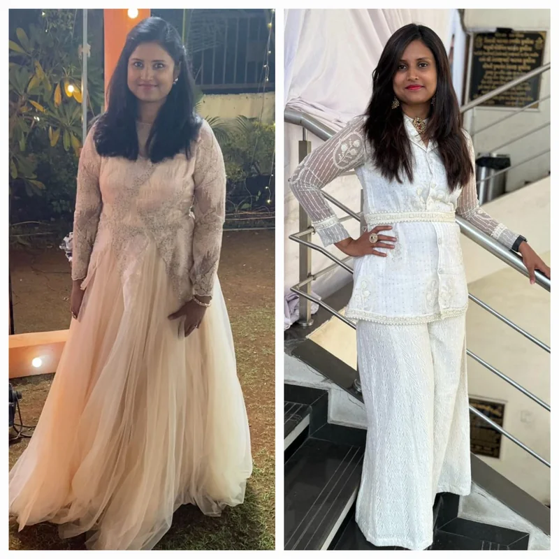 Two photographs of Shipra taken at different points in her fitness journey