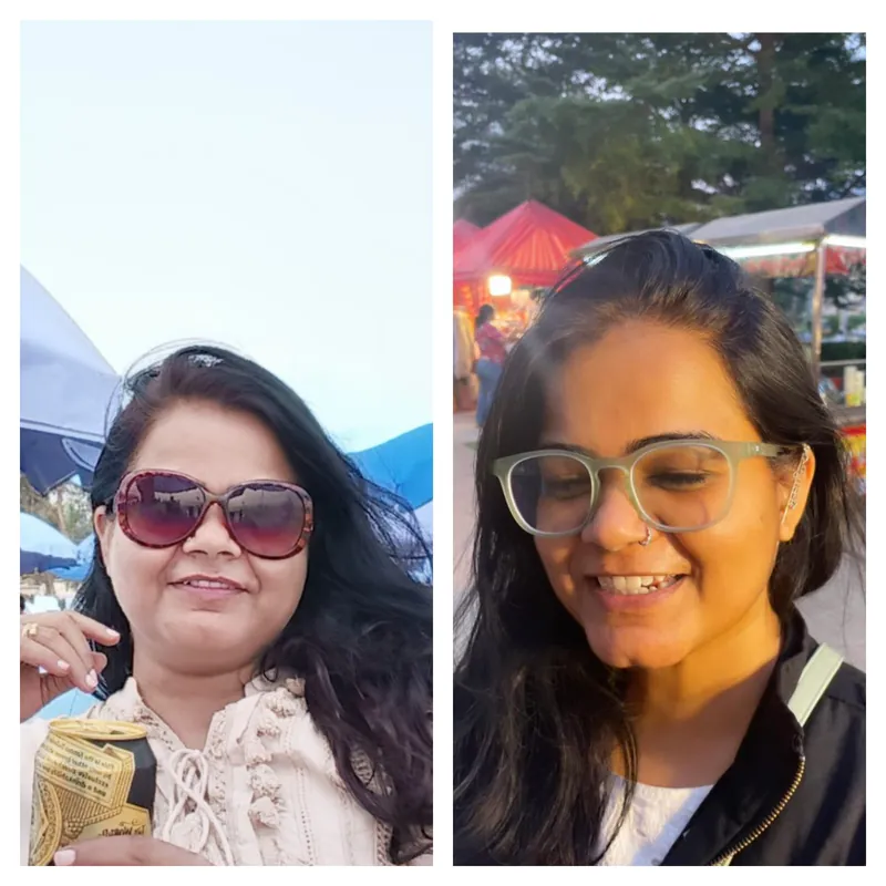 Two photographs of Shweta taken at different points in her fitness journey