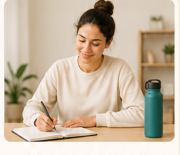 Woman journaling at a table with a water bottle